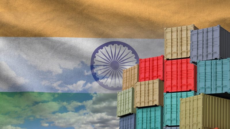India flag and big stack of shipping cargo containers in docks with sky background close up